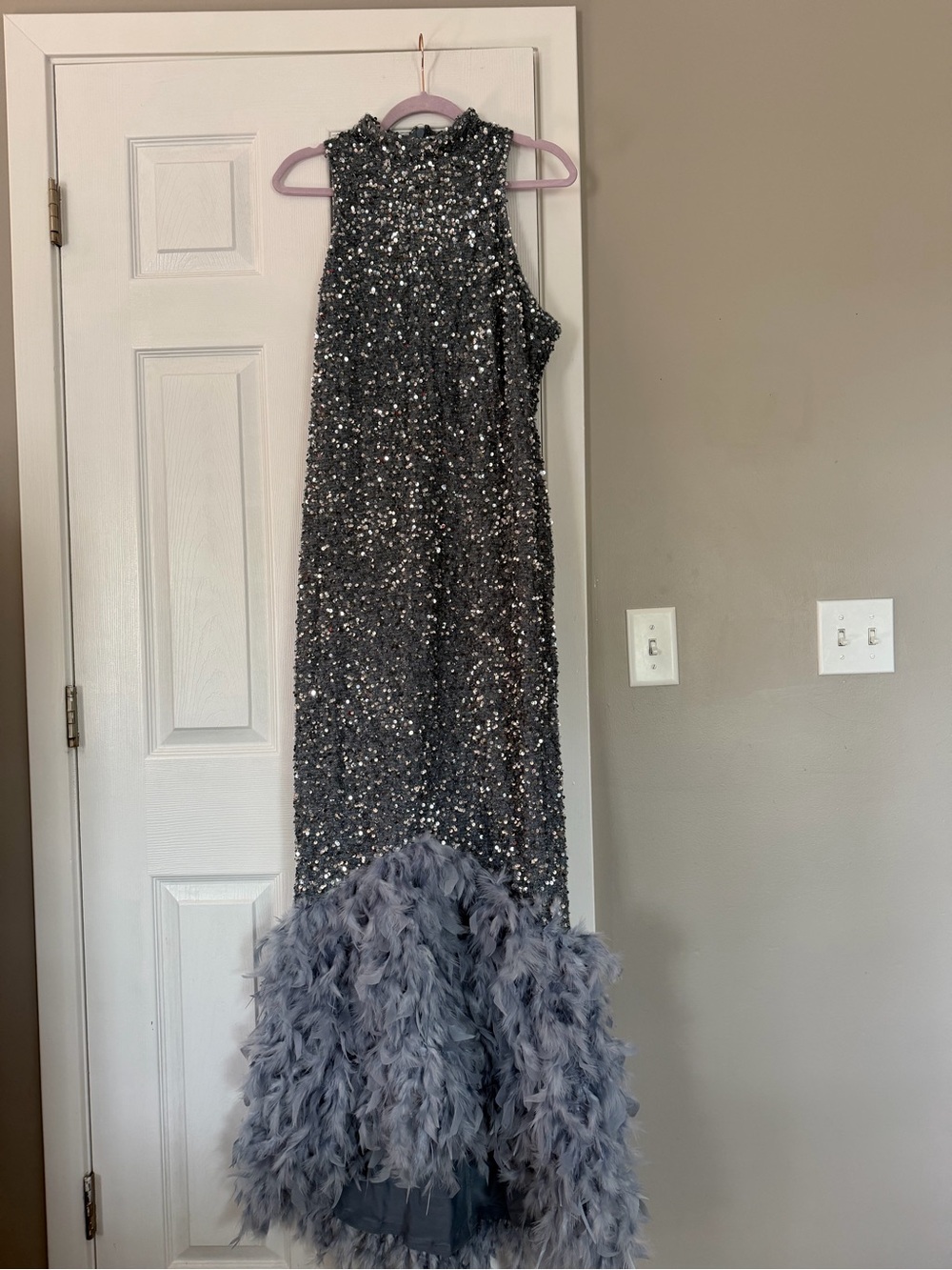 Fashion Nova Grey Full Sequin Fur Maxi Dress Mock Neck - Picture 6 of 12